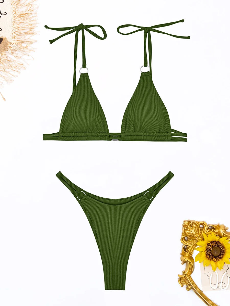 Ring Link Bikini 2025 Solid Sexy Swimsuit Women Padded Swimwear Female Bathers Bathing Swimming Swim Suit Beachwear