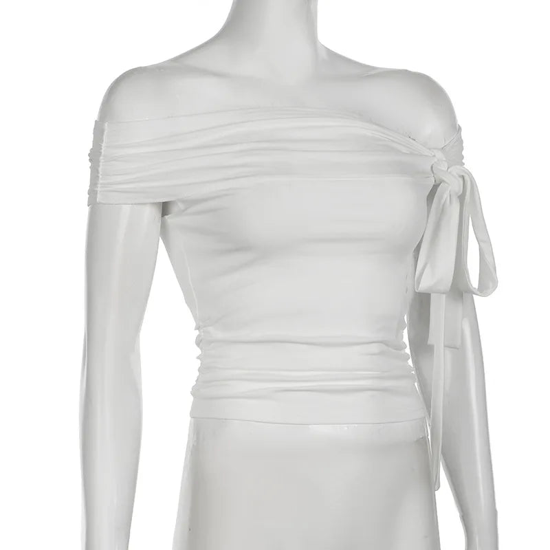 Korean Style Solid Color Women's Top Casual Slash neck Crop Top Fahionable Slim Fit White Tee Lady Summer Night Out Dress up