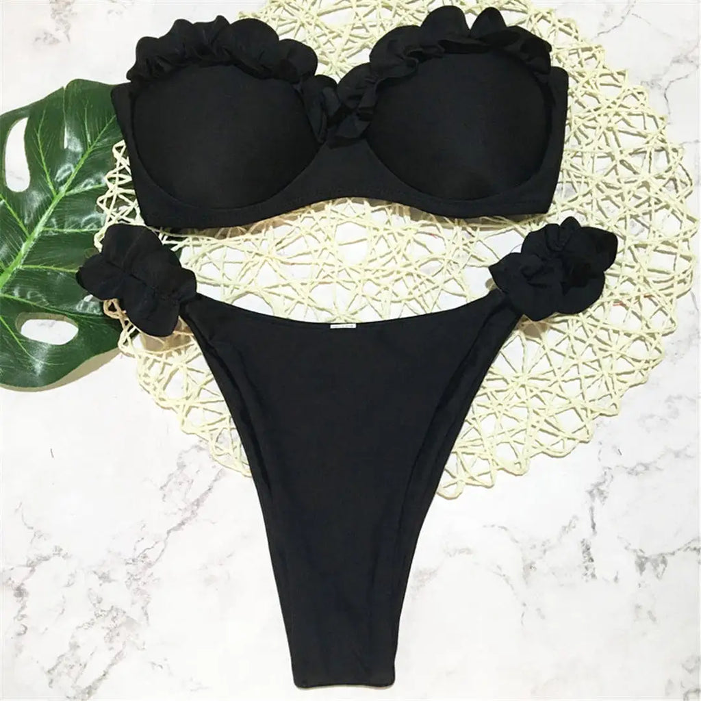 Bandeau Bikini Push Up Swimsuit Female Swimwear Women Two-pieces Bikini Set High Leg Cut Bather Ruffled Bathing Suit Swim V1562
