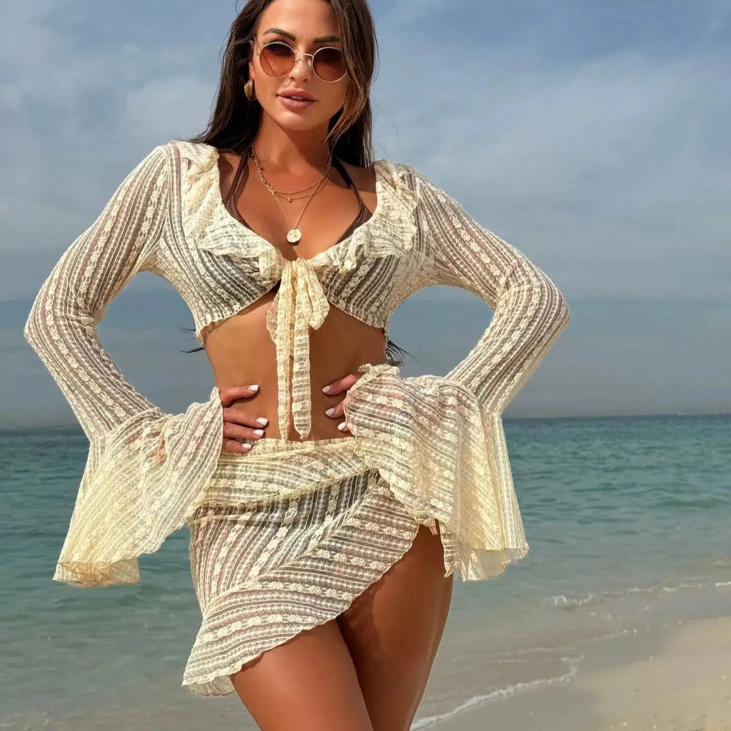 DEKA 4Pcs/Set Mesh Sheath Bikini Set Female Mini Camis Briefs Short Skirt Swimwear Fashion Drawstring Long Sleeve Boho Swimsuit