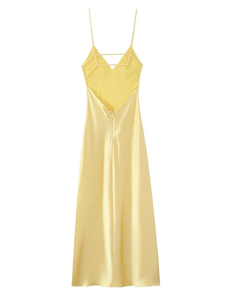 Foridol V Neck Backless Satin Long Dress Women Sexy Beach New in Maxi Summer Dress Spaghetti Strap Yellow Party Vestidos 2025