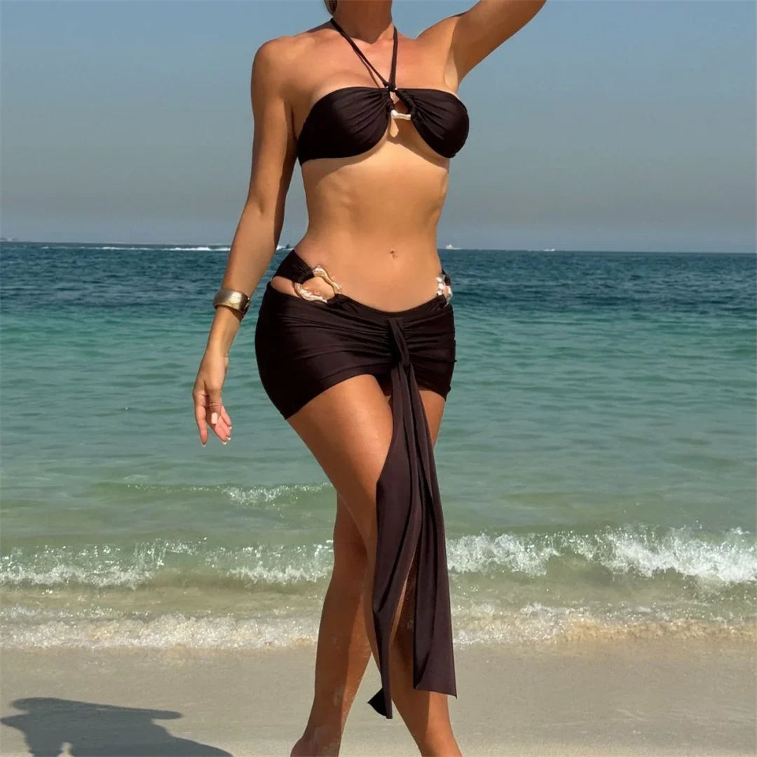 3PCS With Skirt Halter Metal Ring Bikini Female Swimsuit Women Swimwear Three-pieces Bikini set Bather Bathing Suit Swim K7157