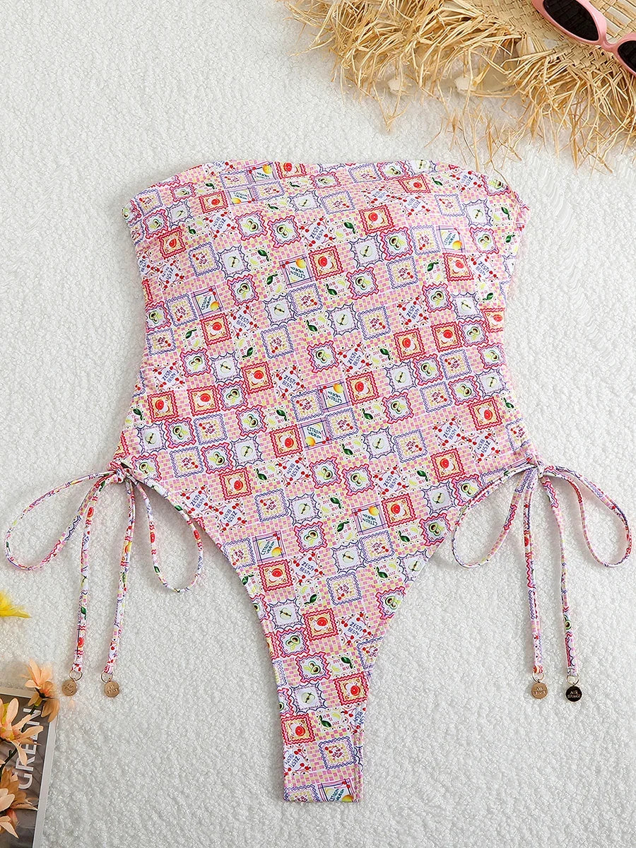 2026 Sexy Drawstring High Cut Swimsuit One Piece Printed Swimwear Women Bathers Bathing Swimming Swim Suit Female Beachwear