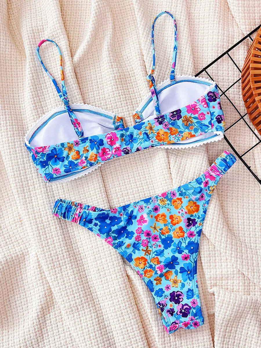 Flowers Printed U Neck Bikini Female Swimsuit Women Swimwear Two-pieces Bikini Set High Cut Bather Bathing Suit Swim Beach Wear