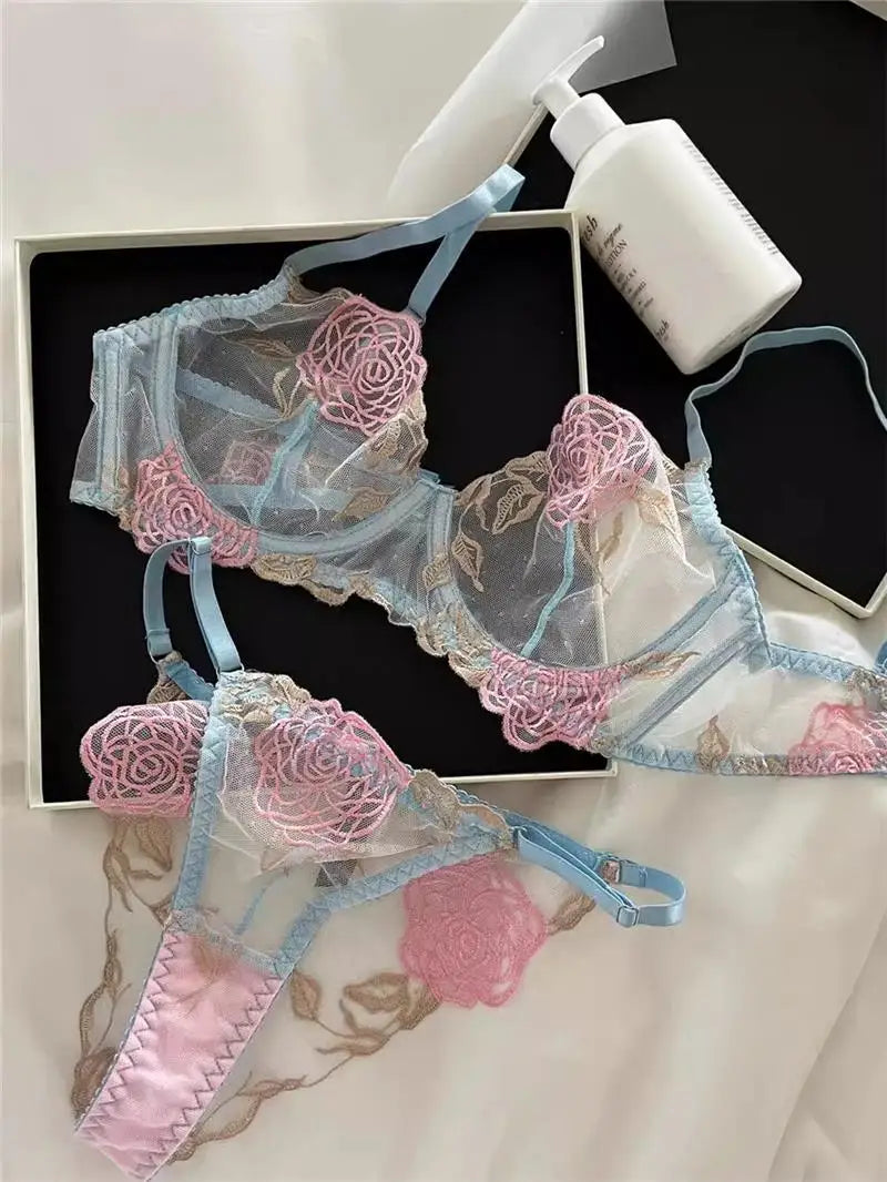 Pure Desire French Lace Bra Set Rose Embroidery Minimizer Wireless Comfort Support Full Bust Anti Sagging Breathable No Show USA
