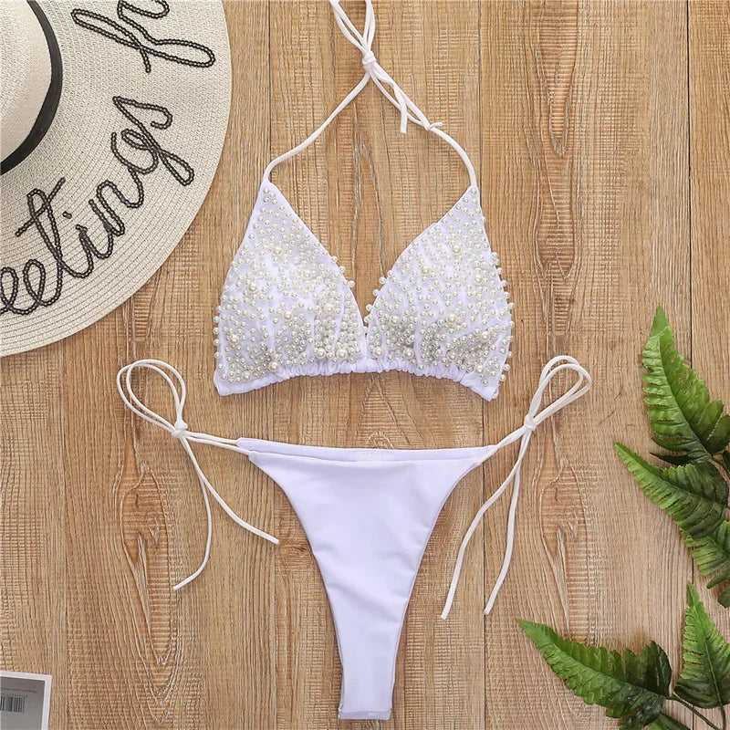 Halter Luxury Pearl Bikini Mini Micro Bikinis Female Swimsuit Women Swimwear Two-pieces Bikini Set Bather Bathing Suit Swim Lady