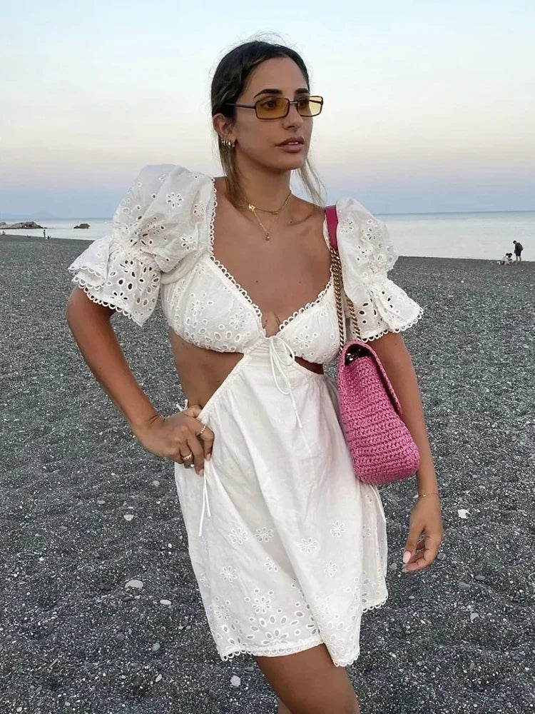 Foridol Lace Summer White Dress Women Puff Sleeve Embriodery Waist Cut Out Beach Short Sexy Cotton Dress Backless 2025 Sundress