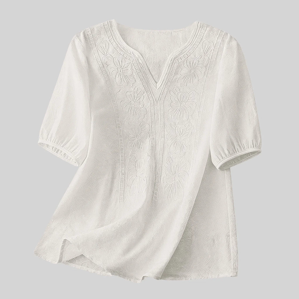 Women Summer Loose Embroidered V Neck Solid Color Short Sleeved Comfortable Button Down Shirt Top женская одежда