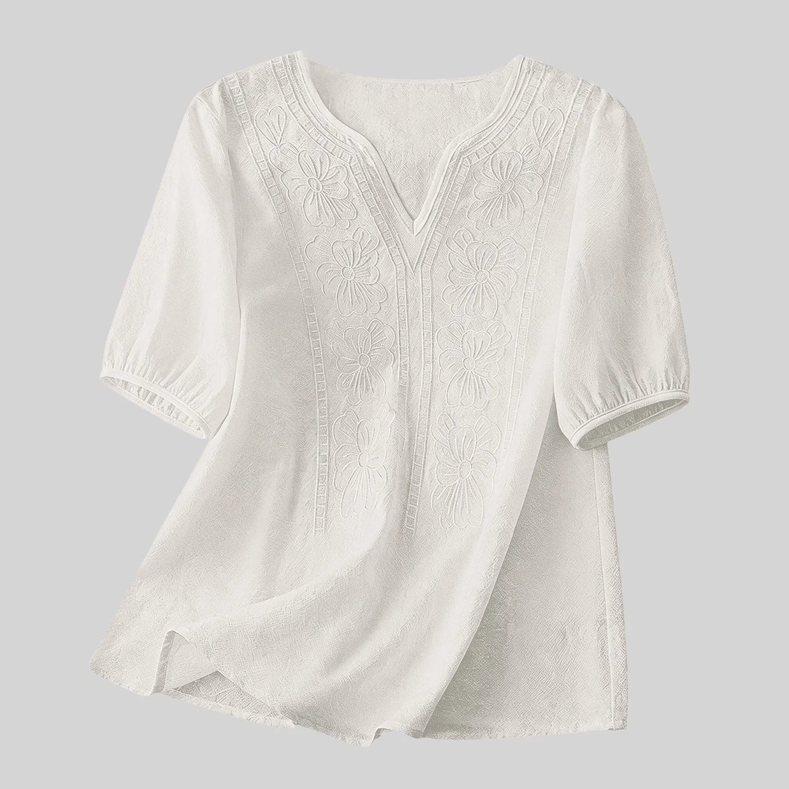 Women Summer Loose Embroidered V Neck Solid Color Short Sleeved Comfortable Button Down Shirt Top женская одежда