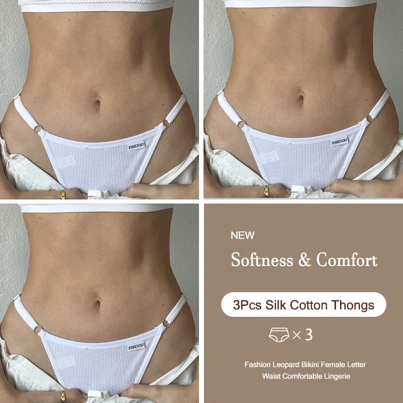 3PCS Women's Panties Cotton Thongs Adjustable Waist Sexy G-String Solid Color Seamless Intimate Female Underpants Lingerie S-XL