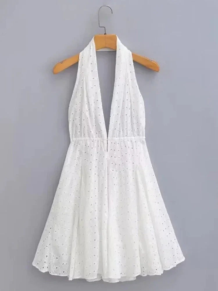 Foridol White Beach Summer Dress Women Backless Cotton Lace Short Autumn Sundress Women Clothing Halter A-line Pleated Dress