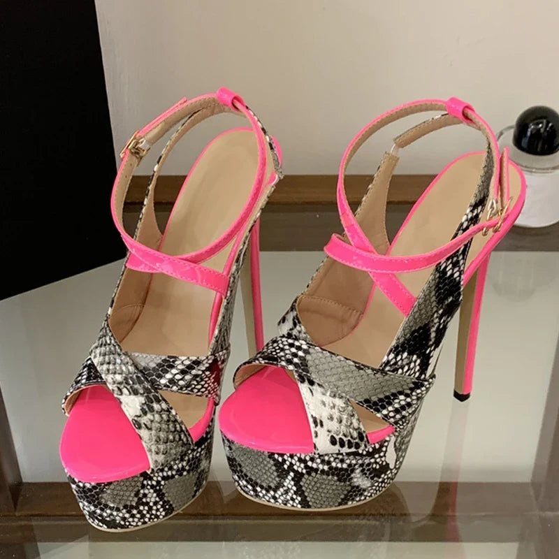 New Sexy Snake Print Leather Platform High Heels Sandals Women Fashion Peep Toe Buckle Strap Stiletto Party Dress Shoes