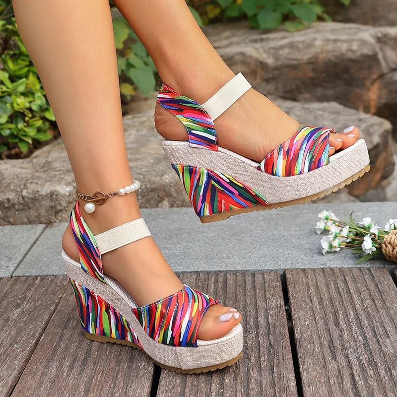 Bohemian Floral Printed Wedge Heel Sandals Women Summer Slip On Chunky Platform Sandles Woman Elastic Strap High Heels Sandals
