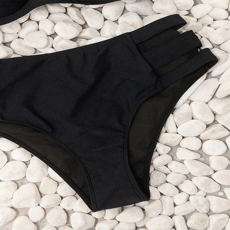 Solid Color Black Two Piece Swimsuit for Women Sexy Underwire V-neck Suspender Backless Bikini Set High Waist Beach Swimwear