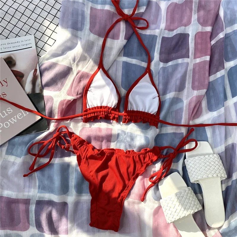 Ribbed Ruffled Frilled Brazilian Bikini Women Swimsuit Female Swimwear Two Pieces Bikini Set Halter String Bathing Suit Swim