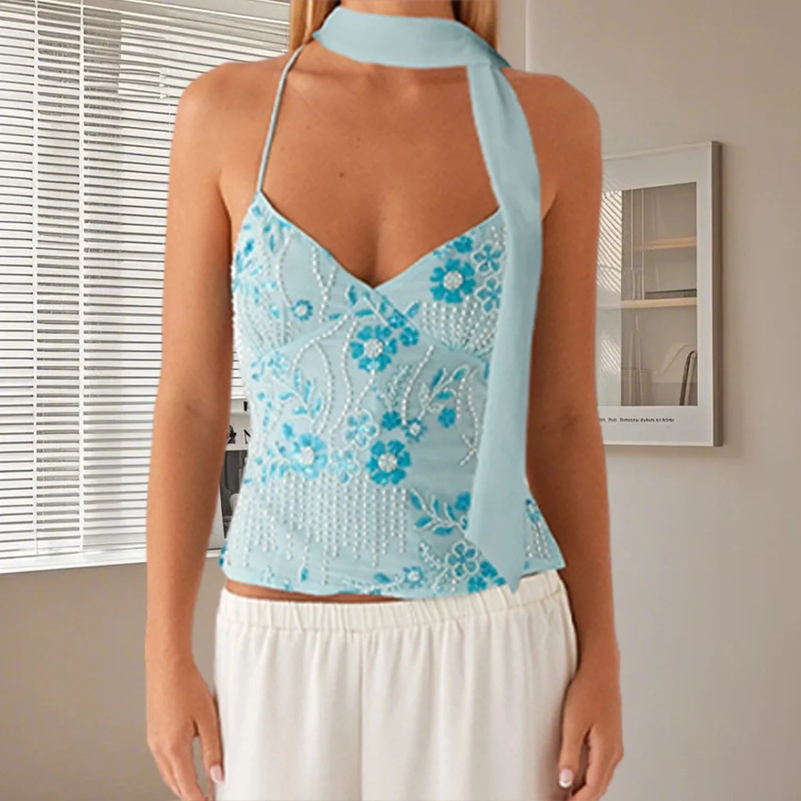 Women Camisoles Sequins Beaded Flower Embroidery V-Neck Casual Camis Tops Summer Fashion Sleeveless Crop Tops with Choker Scarf