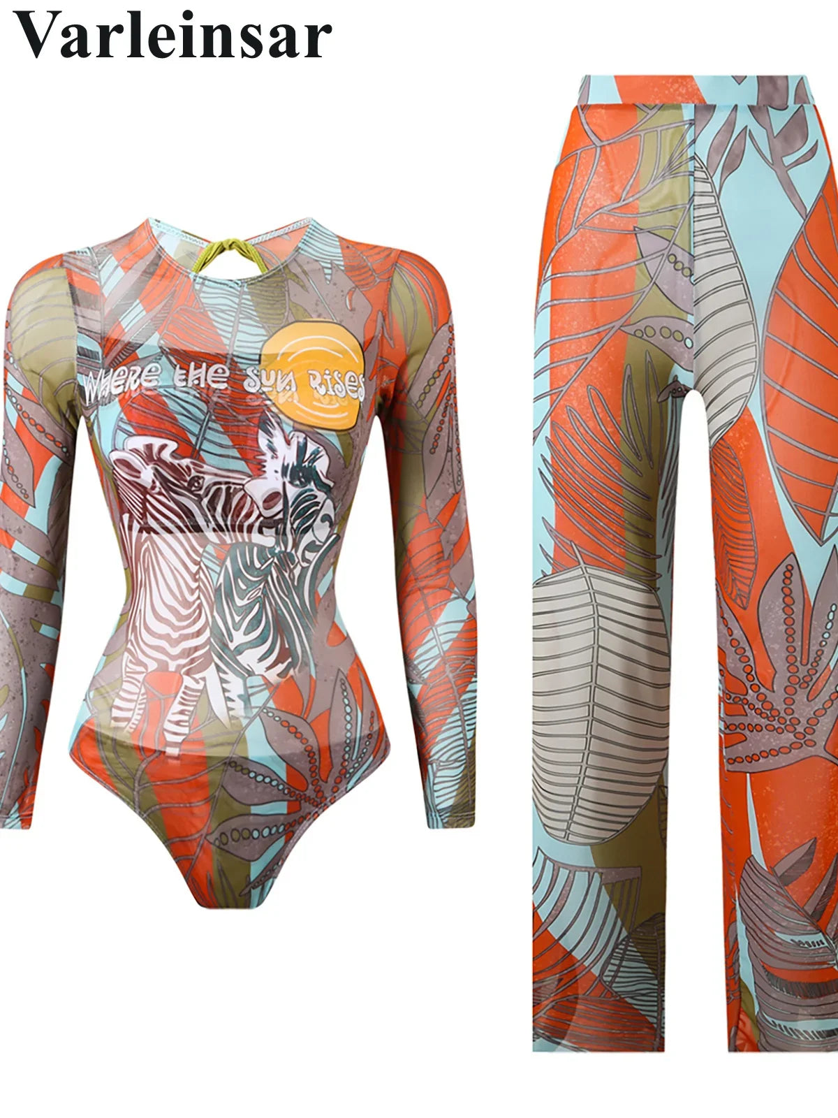 S - XXL New Printed Long Sleeve With Pants Women Swimwear One Piece Swimsuit Female Floral Padded Bather Bathing Suit Swim V7176