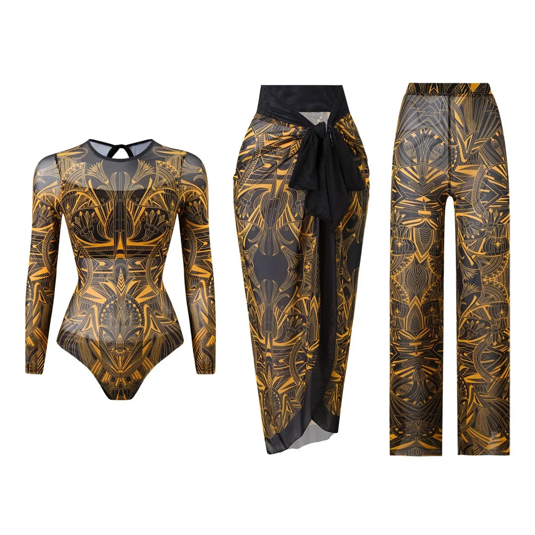 S - XXL 3PCS New Printed Long Sleeve With Pants Sarong Women Swimwear One Piece Swimsuit Female Bather Bathing Suit Swim V7180