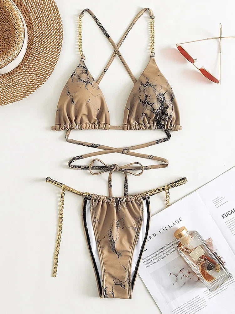 Snake Skin Wrap Around Metal Chains Halter Bikini Women Swimwear Female Swimsuit Two-pieces Bikini set Micro Bathing Suit Swim