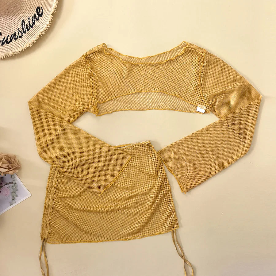 Sexy Gold Mesh Long Sleeve Cover Up Skirt 4 Piece Swimsuit 2026 Swimwear Women Summer Leather Push Up Bra Bathing Suit Swimsuit