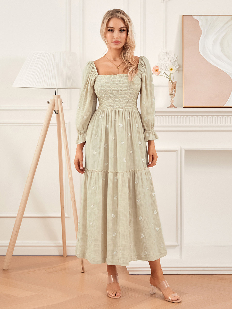 Women Spring Fall Long Dress Long Sleeve Dress Square Neck Embroidery Flower Loose Swing Dress Wit Pocket