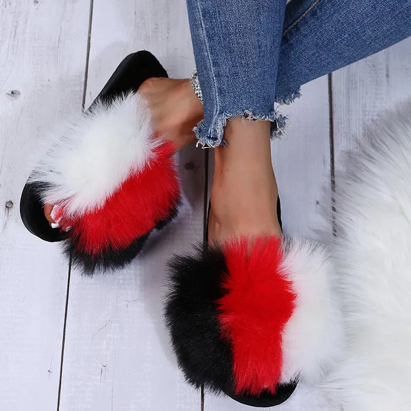 Mix Color Faux Fur Cotton Slippers for Women Open Toe Non Slip Plush Slippers Woman 2025 Lightweight Indoor Flats Slides Mujer