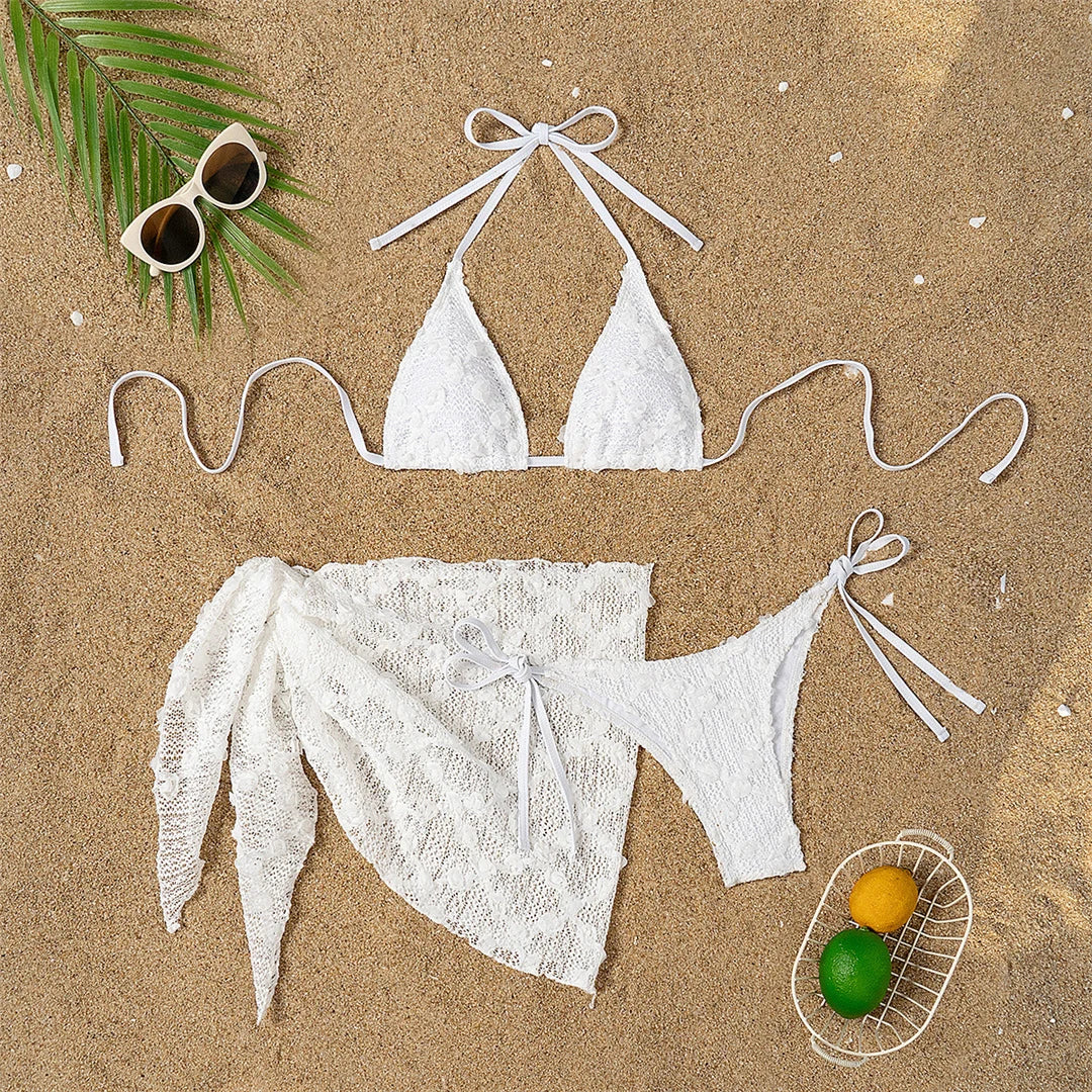 2 Colors Sexy With Sarong Halter Bikini Female Swimsuit Women Swimwear Three-Pieces Bikini Set Bather Bathing Suit Swim V6669B