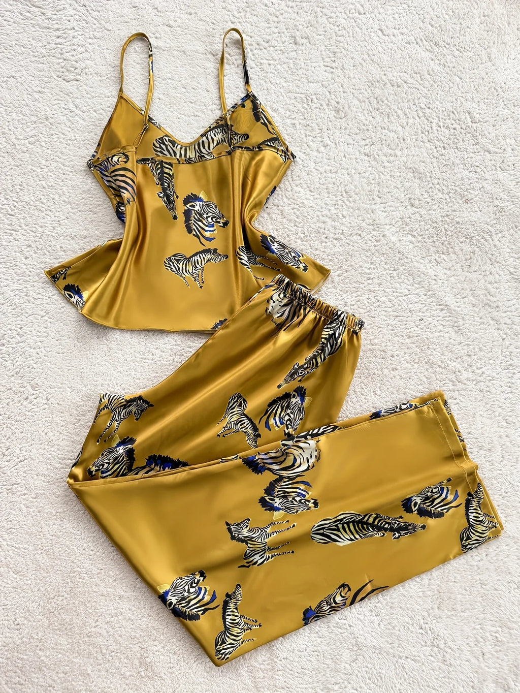 Elegant Women's Pajama Set Zebra Print V Neck Top Paired With Long Pants Comfortable 2 Piece of Casual Home Wear Pajamas