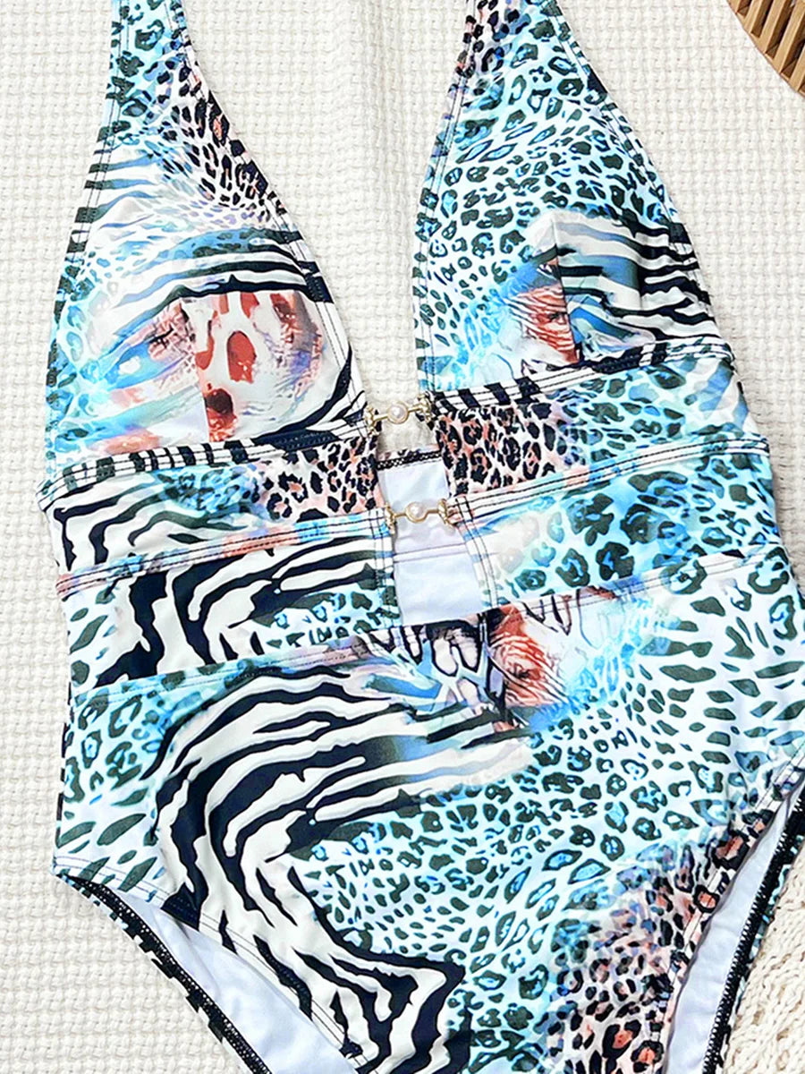Tiger Printed Halter Deep V Neck One Piece Swimsuit Women Swimwear Female Backless Monokini High Cut Bathing Suit Swim Bodysuit