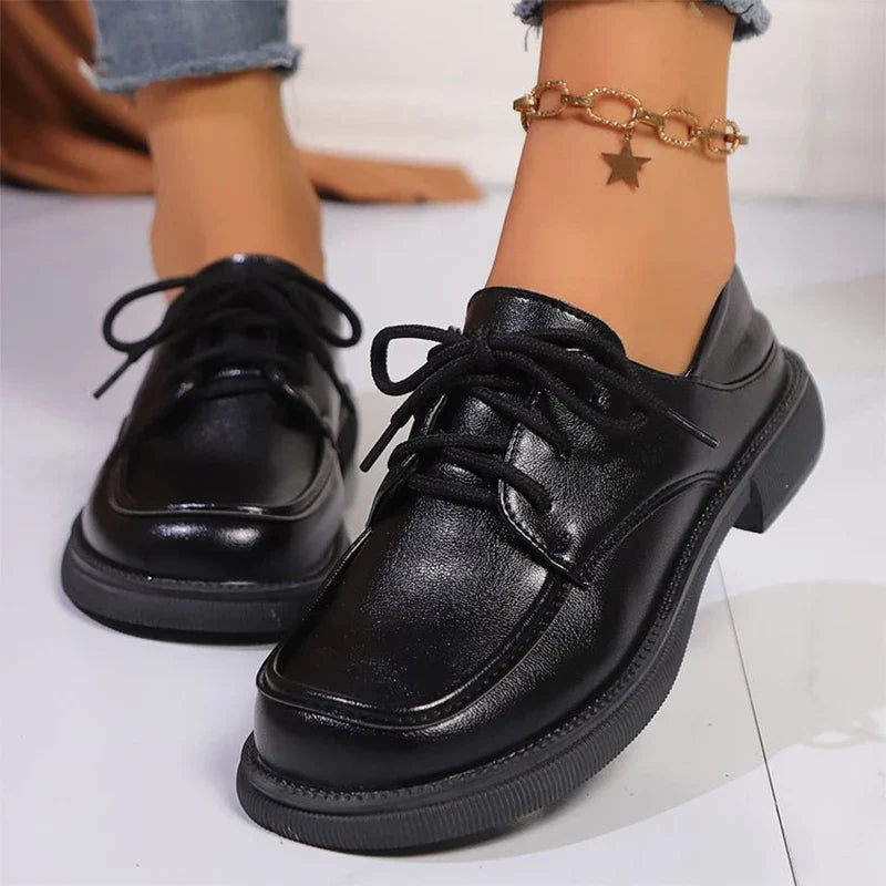Fashion Faux Pu Leather Loafers Shoes Women 2025 Non Slip Black Lace Up Loafers Round Toe Platform Casual Shoes Female