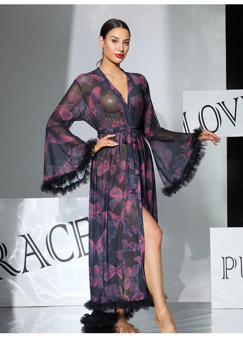 2026 New Women Elegant Butterfly Print Mesh Robe Big Flare Sleeve Lace Up Tassel Fringe High Slit Bathrobe Loungewear