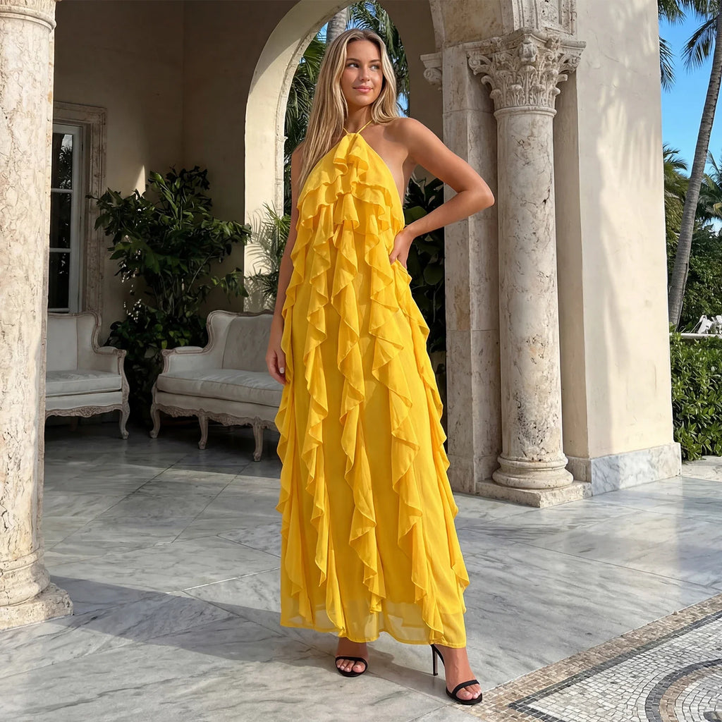 Women Fashionable Backless Sleeveless Ruffle Dresses Summer Holiday Beach  Solid Color Halter Long Dress