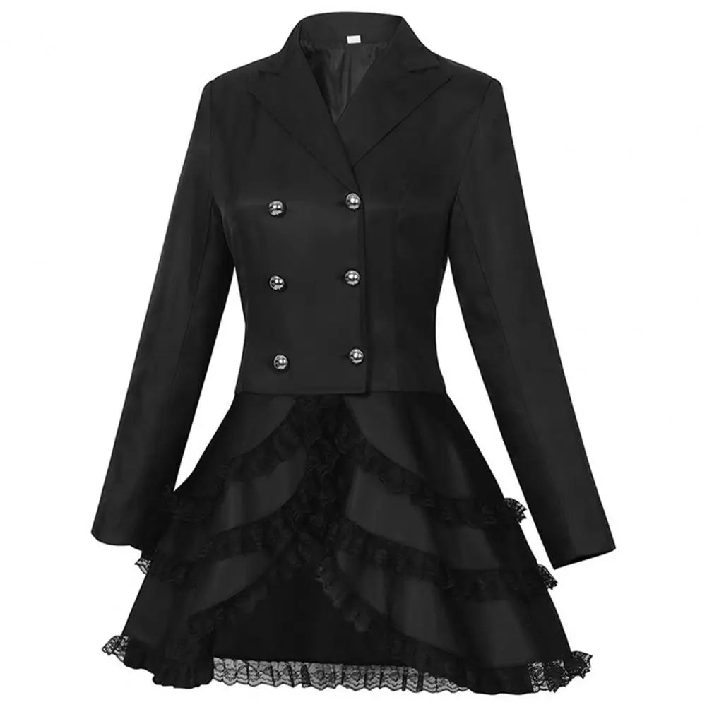Women Double Breasted Victorian Steampunk Blazer Coat Gothic Tuxedo Tailcoat Jacket with Lace Hem Halloween Uniform Costume
