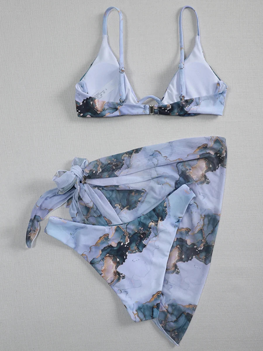 Marble Print V-Bar Underwired Bikini Women Swimsuit Female Swimwear Three-pieces Bikini Set Push Up Bathing Suit Beach Sarong