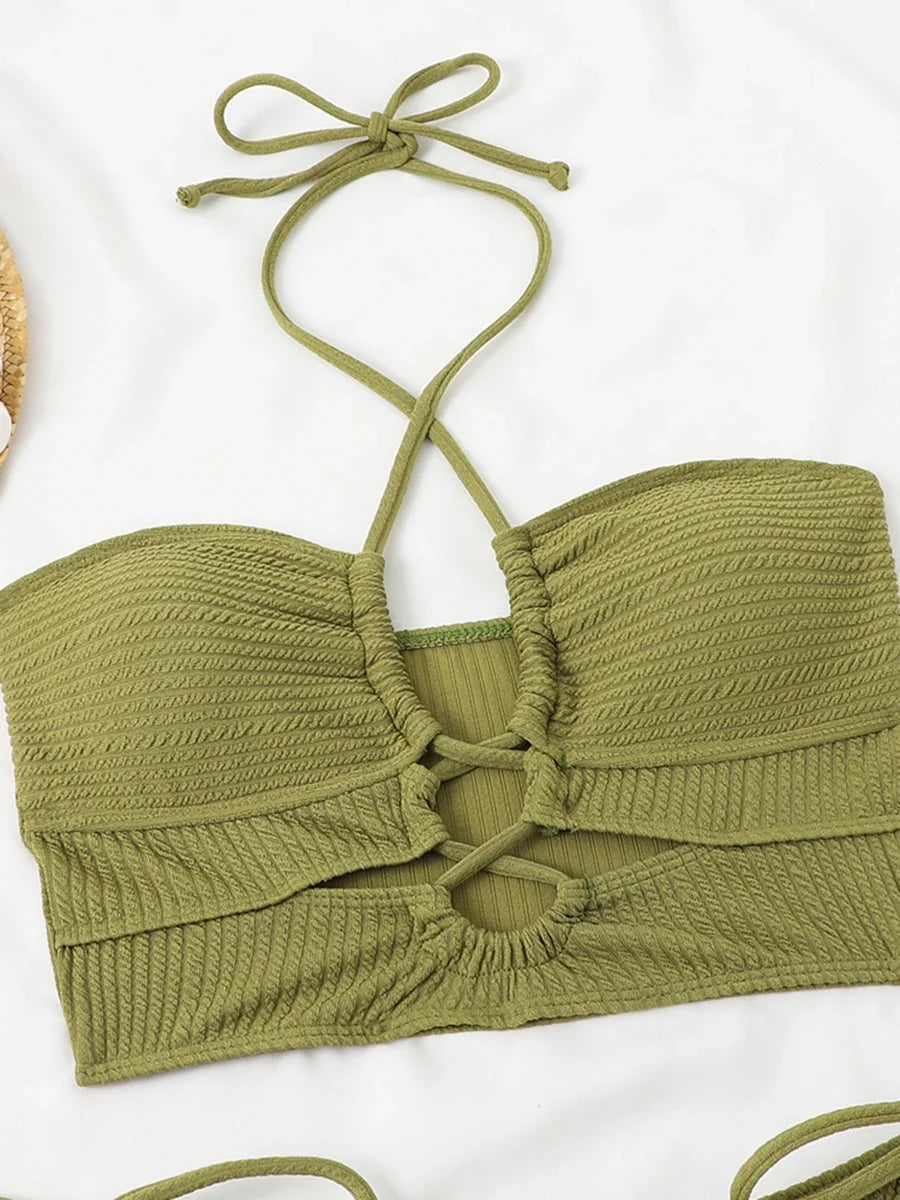 2026 Sexy High Wasited Swimsuit Women Solid Bikini Hollow Out Cross Swimwear Female Bathers Bathing Swimming Swim Suit Beachwear
