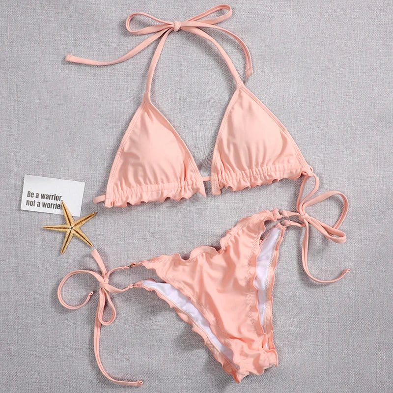 2026 Ribbed Ruffled Frilled Brazilian Bikini Women Swimsuit Female Swimwear Two Pieces Bikini Set Halter Bathing Suit Swim Lady