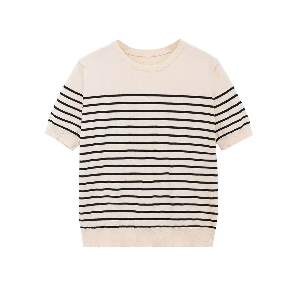 Fashion Striped Knit Sweater Black Striped Knit T Shirt Casual Short Sleeve Crew Neck Slim Fit Top For Women Summer Daily 0HAD