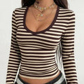 Women Slim Fit Stylish Striped Print Scoop Neck Long Sleeve T-Shirts Fall Winter Long Sleeve Basic Tops for Daily Wear