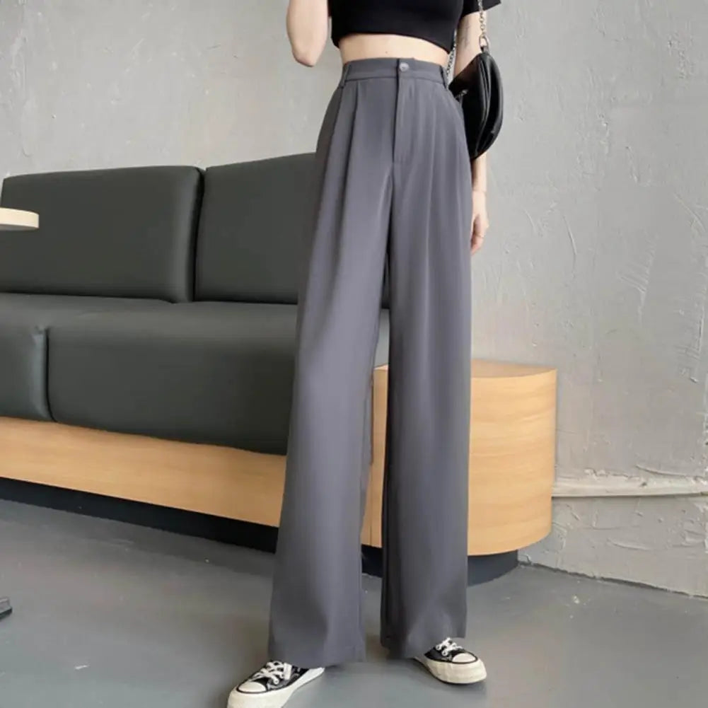 Women High Waist Straight Wide Leg Pants Solid Color Suit Pants Elastic Slant Pockets Loose Office Trousers
