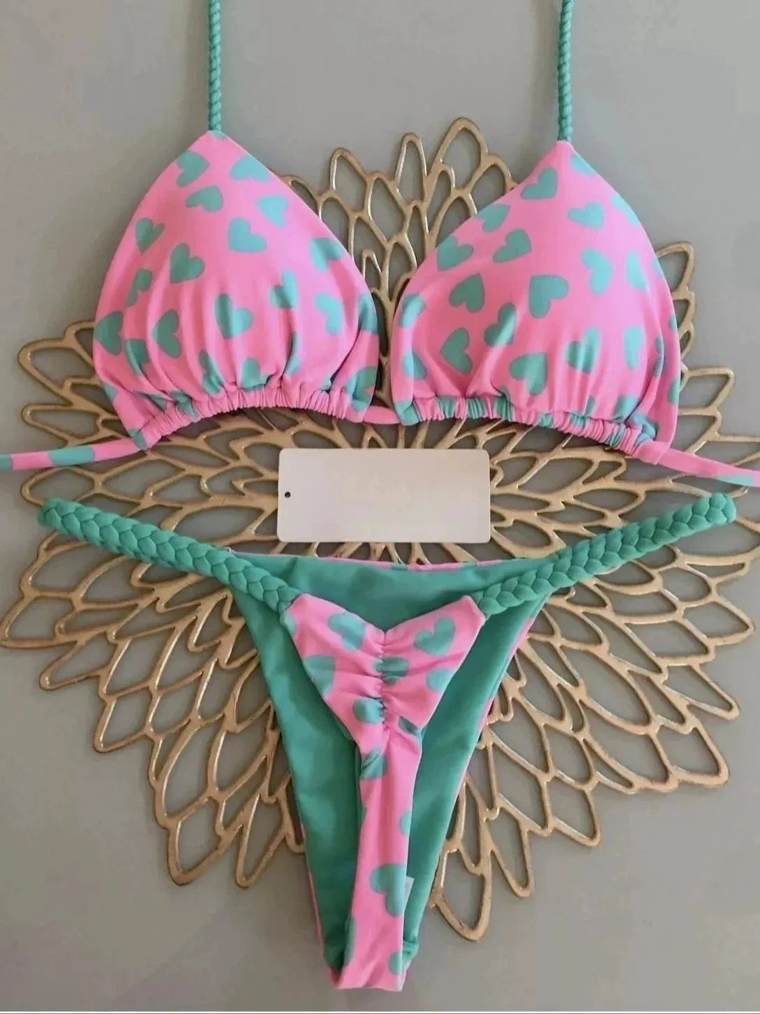 DEKA Sexy Green Floral Print Bikini Set Swimwear Women Braiding Rope Strap Patchwork Bandage Push Up Bathing Suit Thong Swimsuit