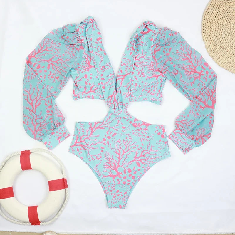 TW Sexy High Waist One Piece Swimsuit Women V Neck 2024 Long Sleeve Bathing Suit Brazilian Swimwear Monokini Summer Beachwear