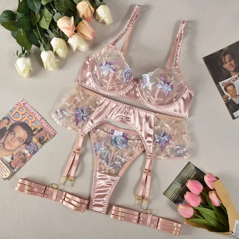 Toucheart 4-Piece Set Sexy Lingerie Set Embroidery Patchwork Mesh See-Through Exotic Underwear Women Garter Belt Underwear Suit