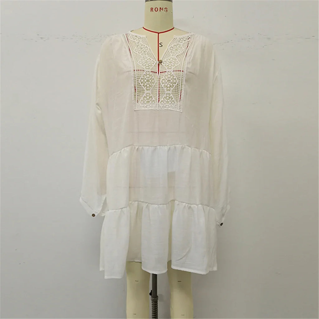 2025 Long Sleeve Hollow Out Crochet Knitted Tunic Beach Cover Up Cover-ups Beach Dress Beach Wear Beachwear Female Women K6674