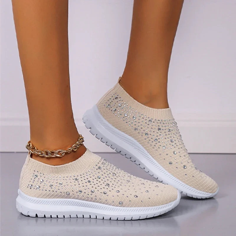 Women's Slip-On Crystal Sneakers 2025 Breathable Mesh Plus Size 35-43 Casual Flats Women Comfort Soft Sole Running Walking Shoes