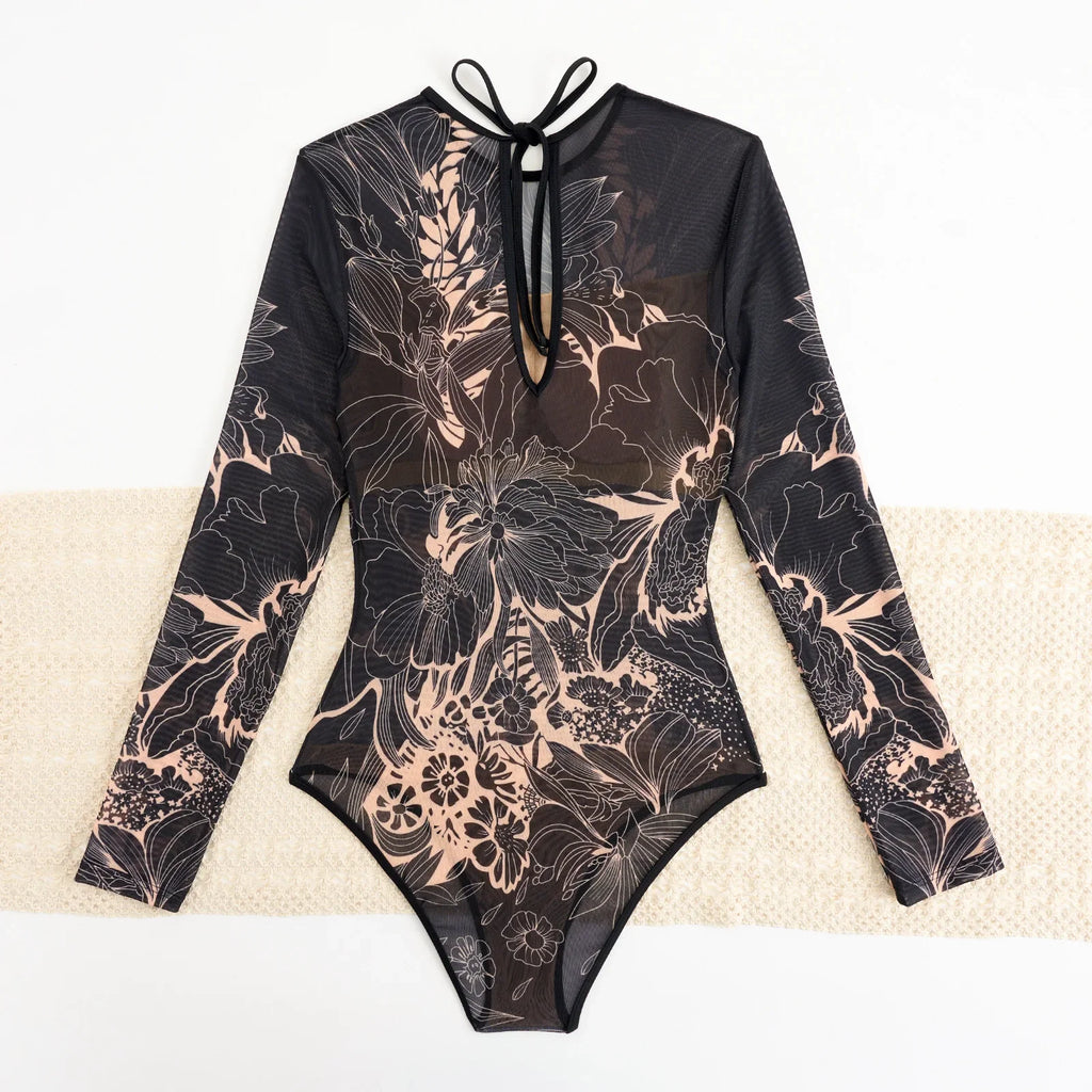 Vintage Black Floral Print One Piece Swimsuit Women Summer Long Sleeve Slim Fit Swimwear Skirt Set 2025 Holiday Bathing Suits