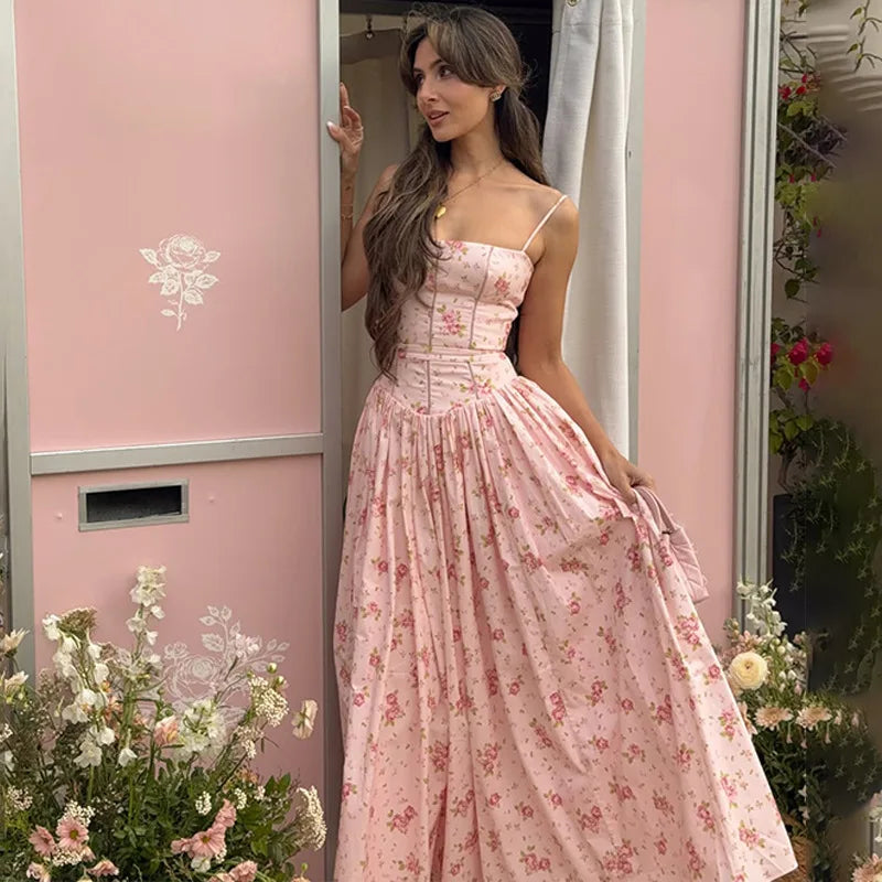 FDYOUI 2026 Summer Spaghetti Strap A-line Floral Vacation Dress for Women Elegant High Waist Tunics Long Party Evening Dresses