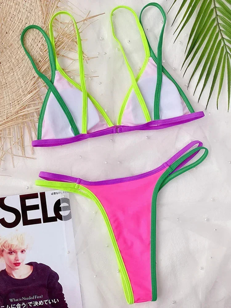 Splicing Brazilian Mini Thong Bikini Female Swimsuit Women Swimwear Two-pieces Bikini set High Cut Bather Bathing Suit Swim Lady