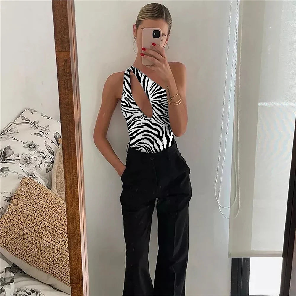 2023 Women One Piece Swimsuit Zebra One Shoulder Female Swimwear Sexy Monokini Hollow Out Beachwear Push Up Bodysuit
