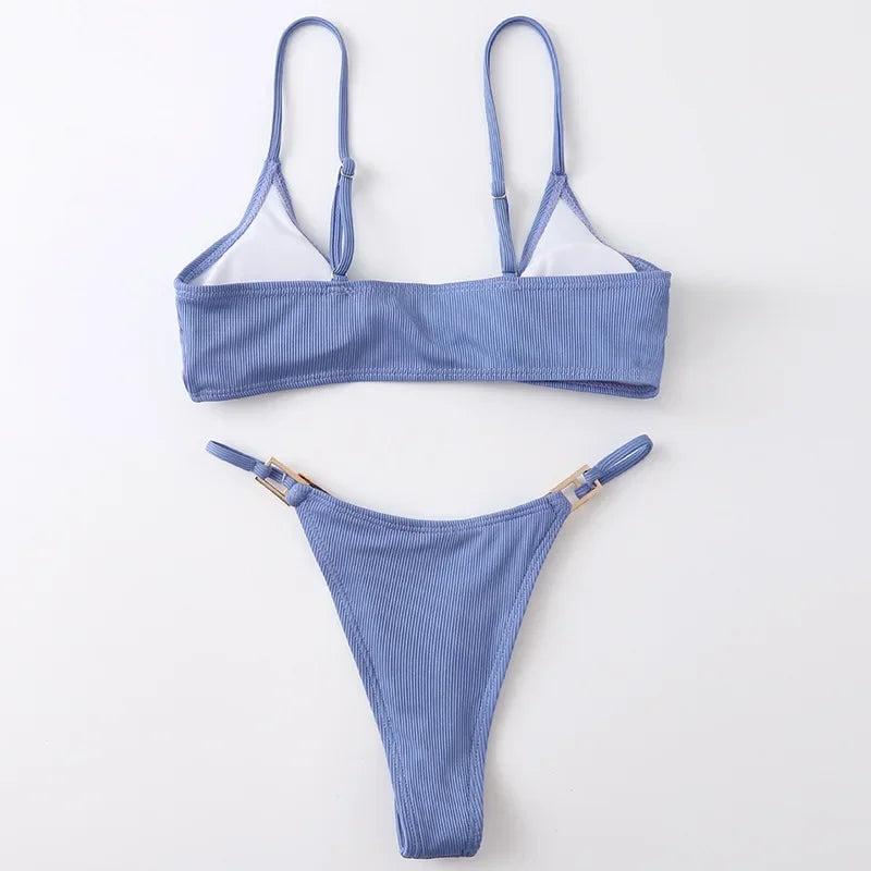 Sexy Ribbed Metal Rings High Cut Bikini Female Swimsuit Women Swimwear Two-pieces Bikini Set Micro Thong Bathing Suit Swim Lady