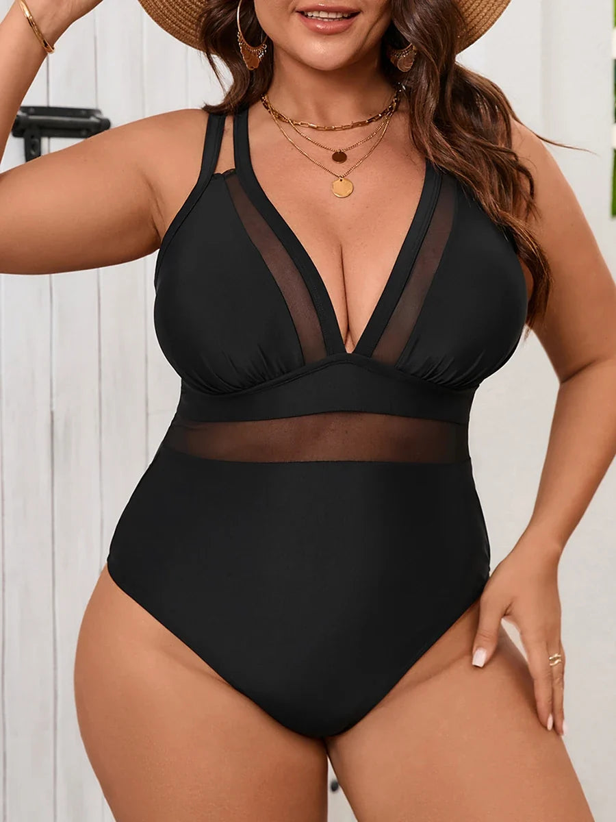 2026 Mesh Swimsuit Women One Piece Black Strappy Large Plus Big Size Swimwear Female Bathers Bathing Swimming Swim Suit 0XL-5XL